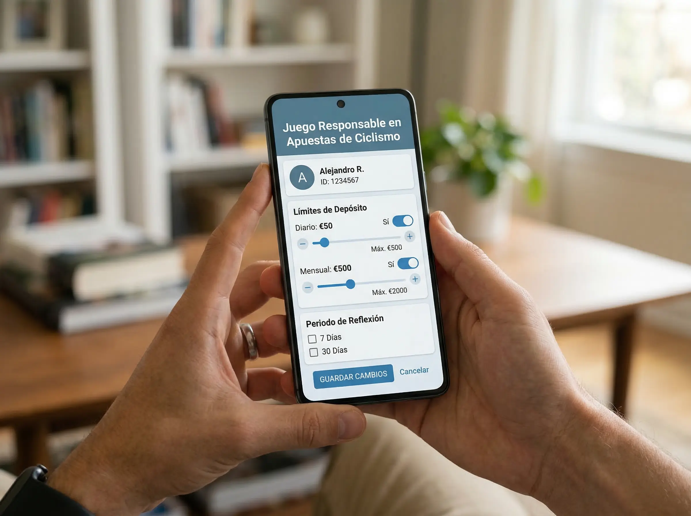 Manos de persona configurando límites de depósito en una aplicación de apuestas en un smartphone